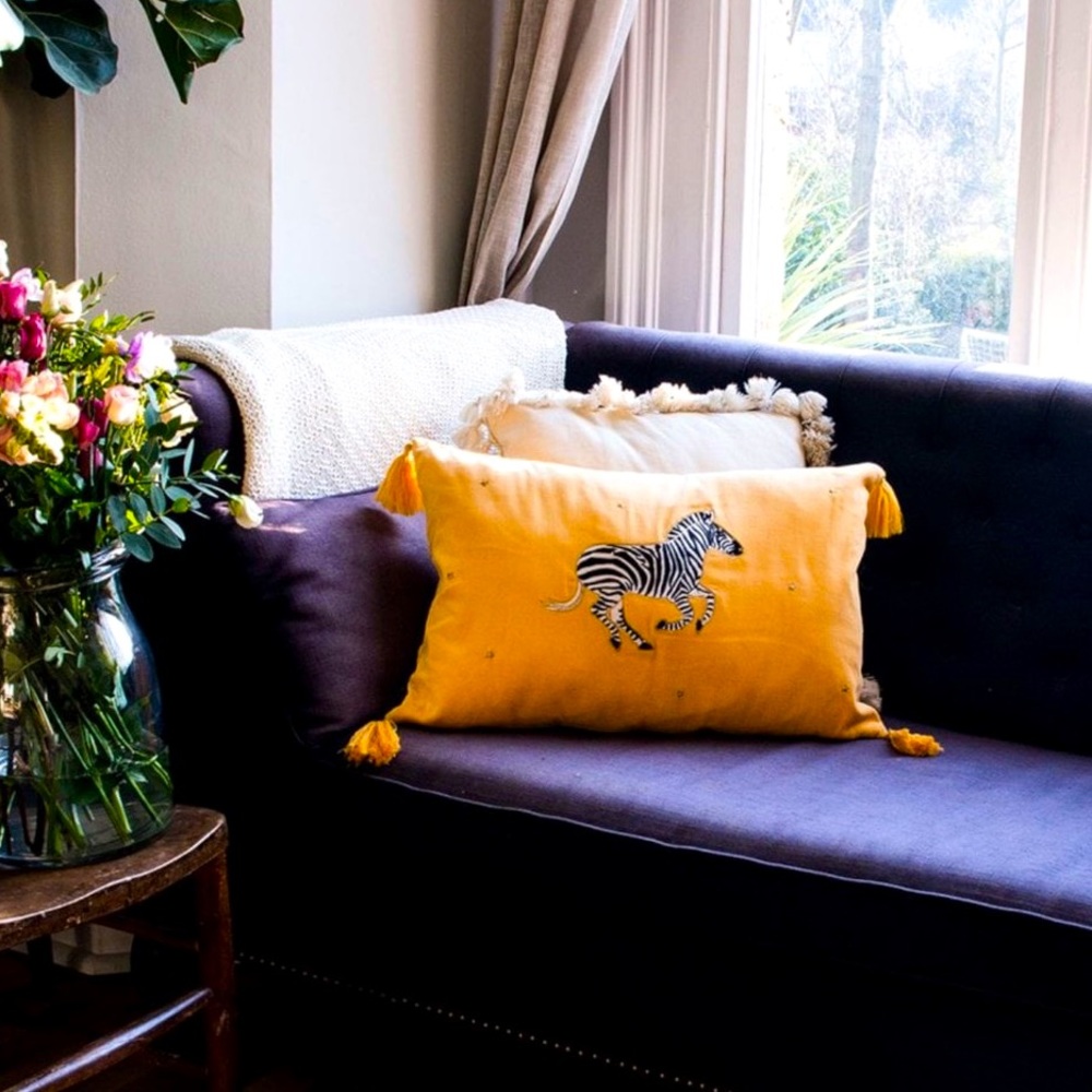 ELIZABETH SCARLETT ZEBRA MUSTARD VELVET CUSHION